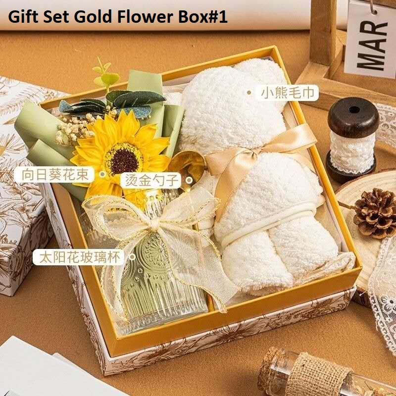 Gift Set Gold Flower Box#1 - Faux Flower-Cup-Spoon-Towel