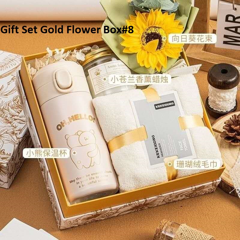 Gift Set Gold Flower Box#8 - Thermos Cup-Towel-Candle-Faux Flower